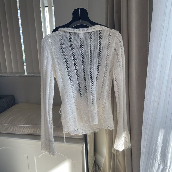 H&M Women’s Ivory Shawl Collar Open Knit Pointelle Wrap Sweater M - Picture 3 of 6